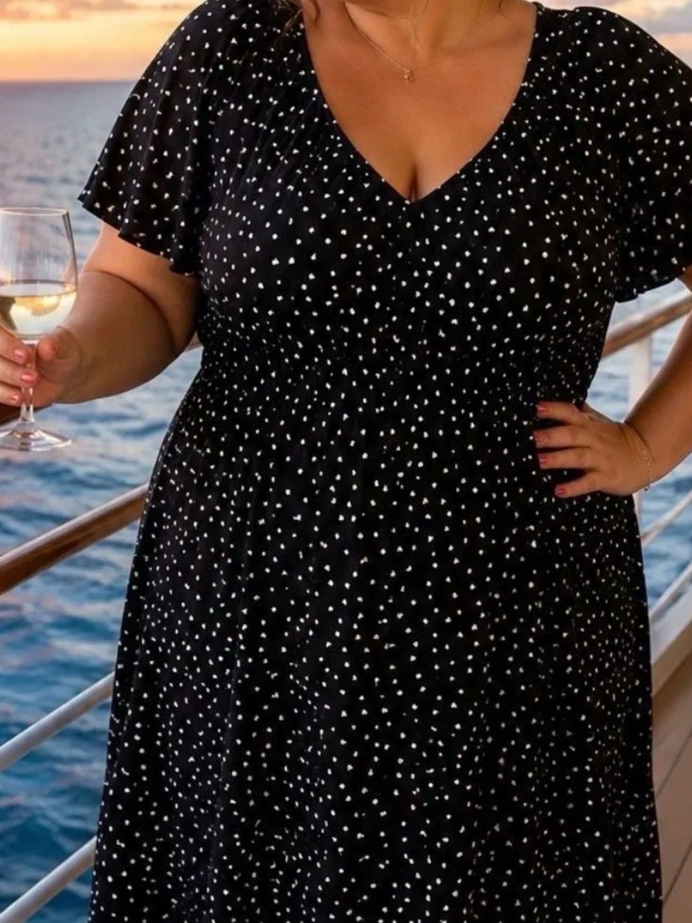 Ava & Viv Black White Heart Print Flutter Sleeve Midi Dress Plus Size 1X  L51